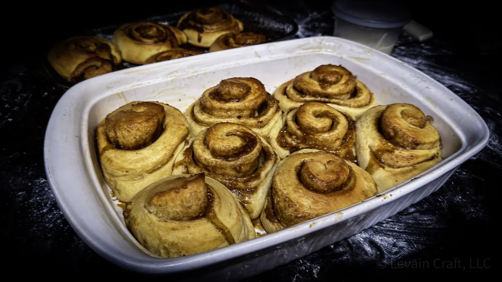 Cinnamon rolls, iced while still warm