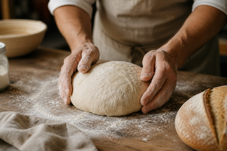 Hands shaping a round of dough on a floured wooden bench