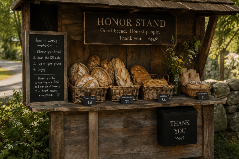 The honor stand — baskets of bread, a chalkboard explaining how it works, and a thank-you box